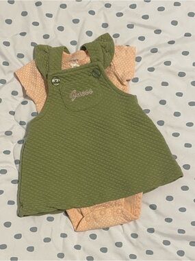 Guess Olive Green Quilted Pinafore with Peach Polka Dot Bodysuit